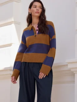 Rayure marron/bleu camel - 100% laine N.Premium Polo Pull