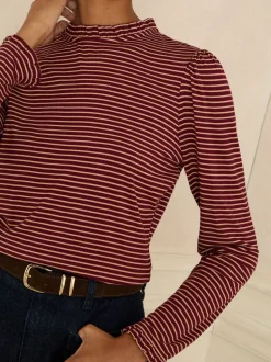 Rayure rouge bordeaux et beige - Love & Roses haut en jersey à manches longues et col volanté