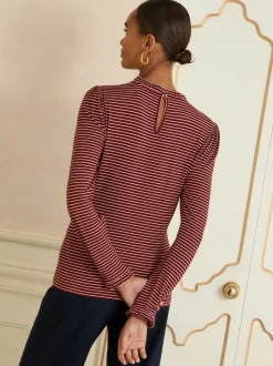 Rayure rouge bordeaux et beige - Love & Roses haut en jersey à manches longues et col volanté