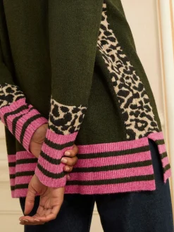 Rayures latérales vert Animal kaki - Love & Roses Col rond Cosy Pull