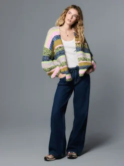 Rayures multicolores bleu/vert - Cardigan en grosse maille doux