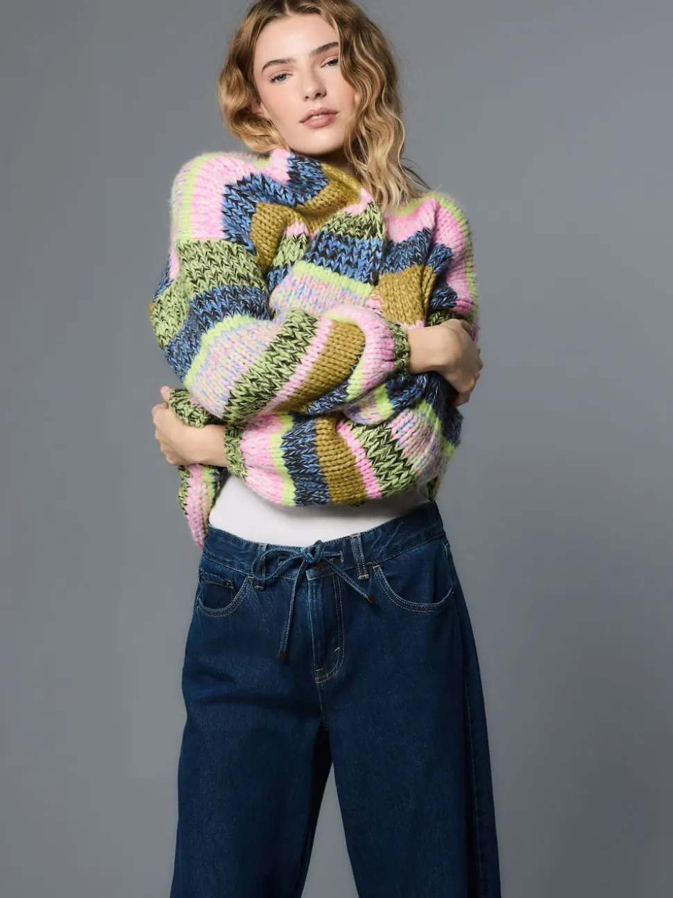 Rayures multicolores bleu/vert - Cardigan en grosse maille doux
