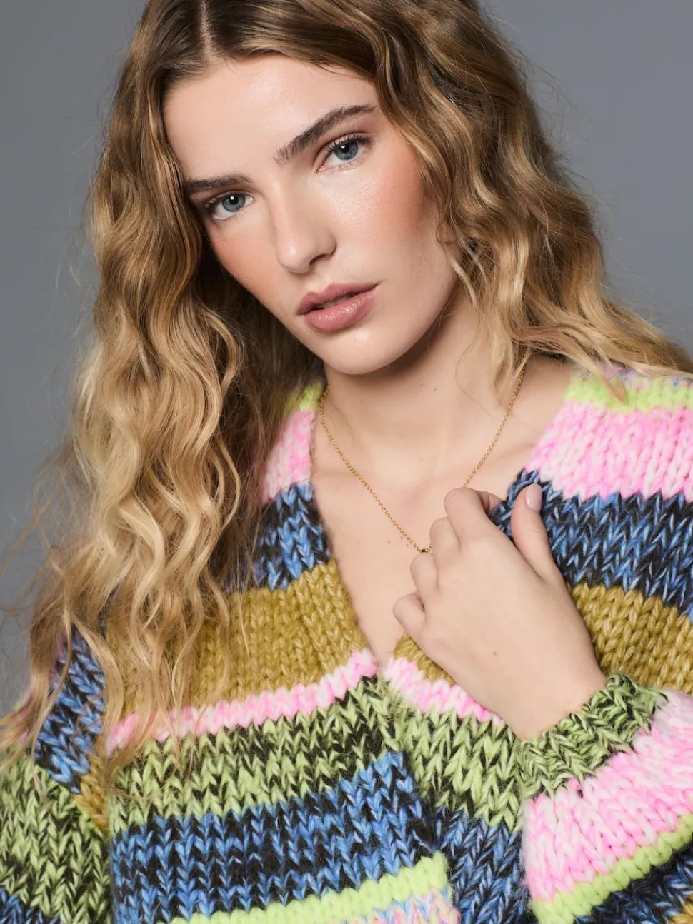 Rayures multicolores bleu/vert - Cardigan en grosse maille doux