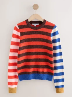 Rayures rouges/bleues multicolores - Pull à col rond à manches longues en laine
