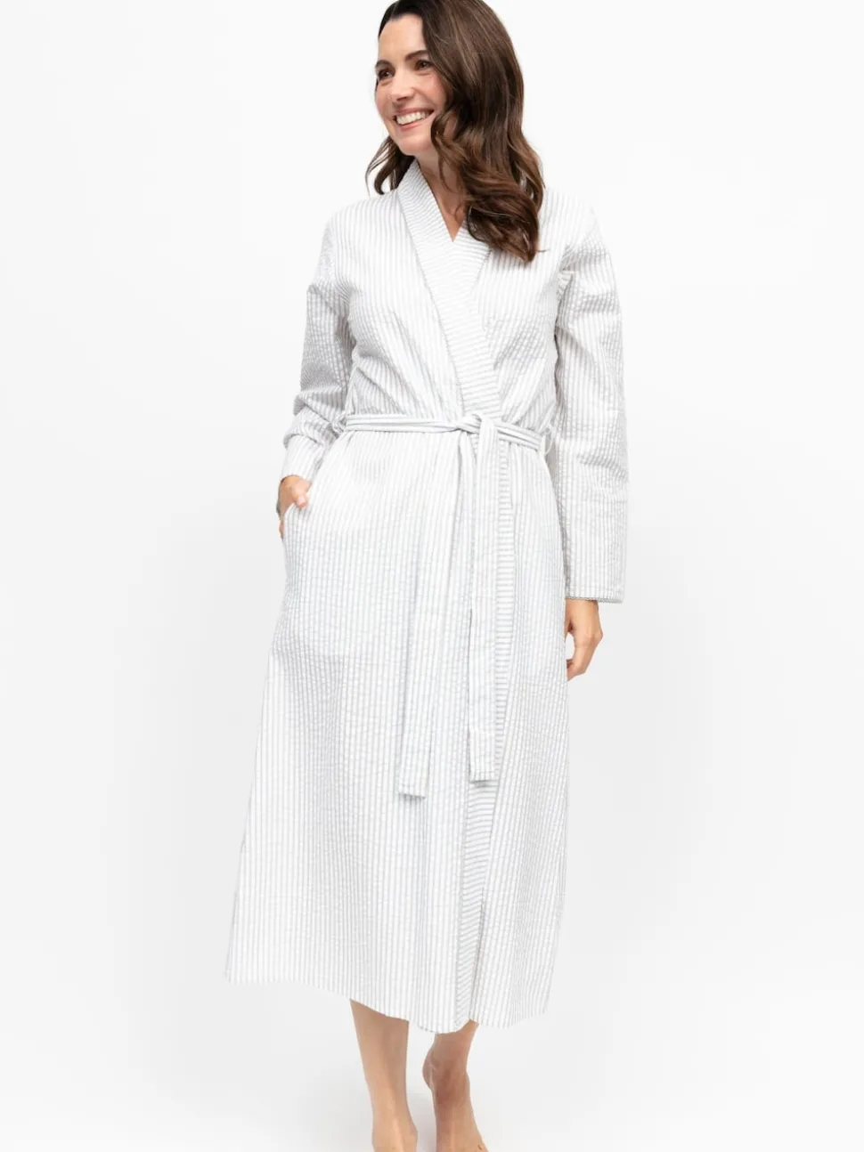 Robe de chambre Nora Rose en seersucker Rayé Dentelle longue Manche longue
