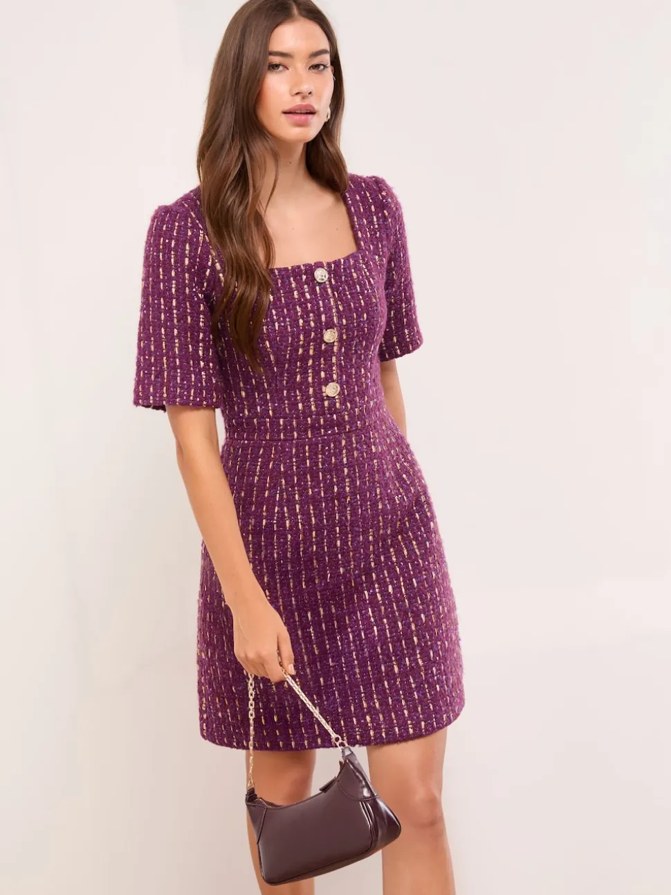 Robe Lipsy en tweed à col carré et boutons dorés