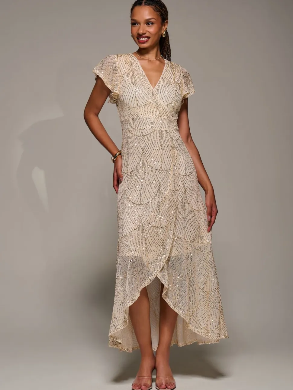 Robe longue à manches courtes et sequins Jolie Moi volants