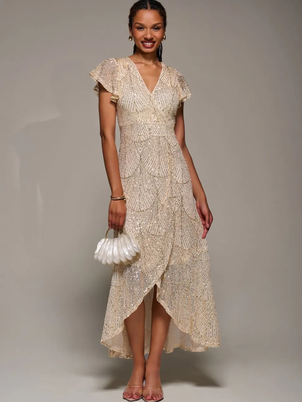 Robe longue à manches courtes et sequins Jolie Moi volants