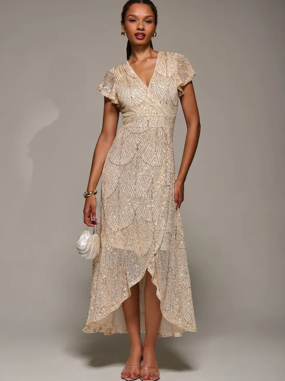 Robe longue à manches courtes et sequins Jolie Moi volants