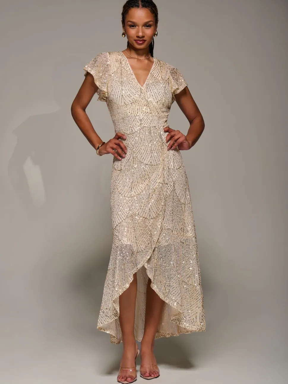Robe longue à manches courtes et sequins Jolie Moi volants