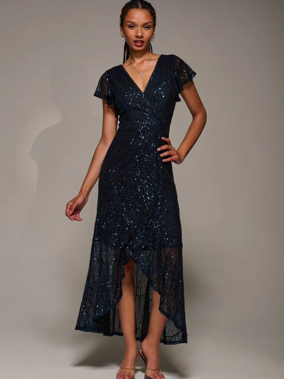 Robe longue à manches courtes et sequins Jolie Moi volants