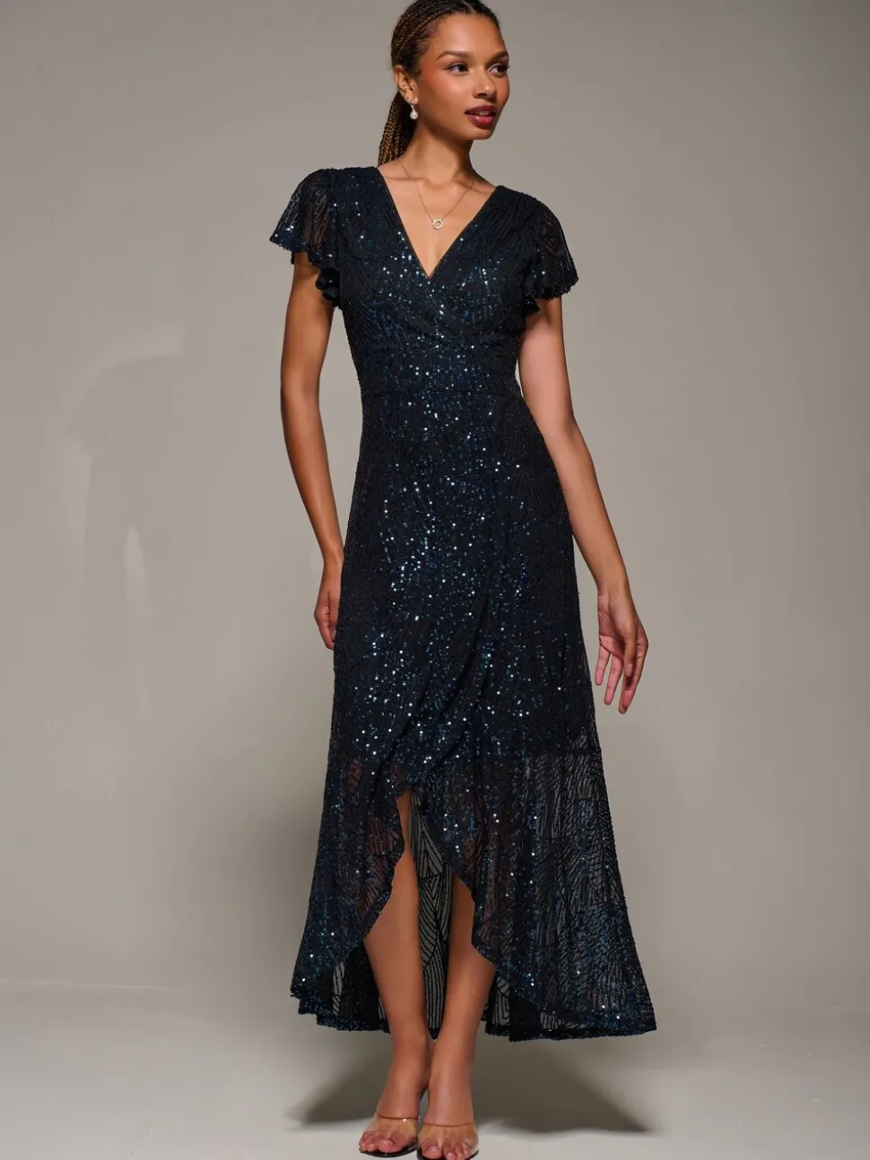 Robe longue à manches courtes et sequins Jolie Moi volants