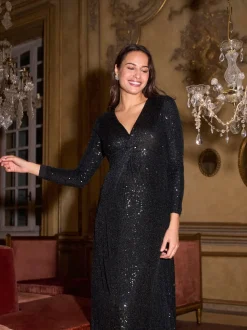 Robe longue de grossesse Seraphine à sequins nouée sur le devant