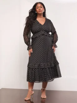 Robe mi-longue à volants à col en V Lipsy métallisé