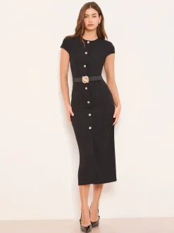 Robe mi-longue Lipsy bodycon à manches bonnets boutonnée à travers la ceinture