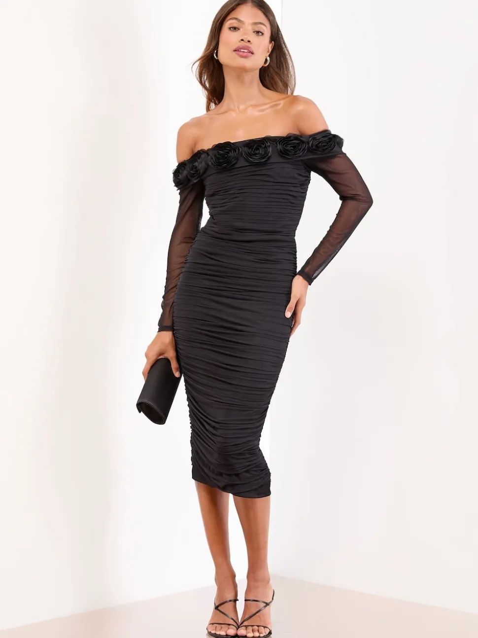Robe mi-longue Lipsy Flower 3D Bardot à manches longues en maille