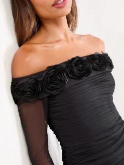 Robe mi-longue Lipsy Flower 3D Bardot à manches longues en maille