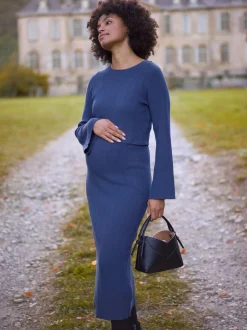 Robe mi-longue Seraphine de Grossesse et d'Allaitement en maille côtelée