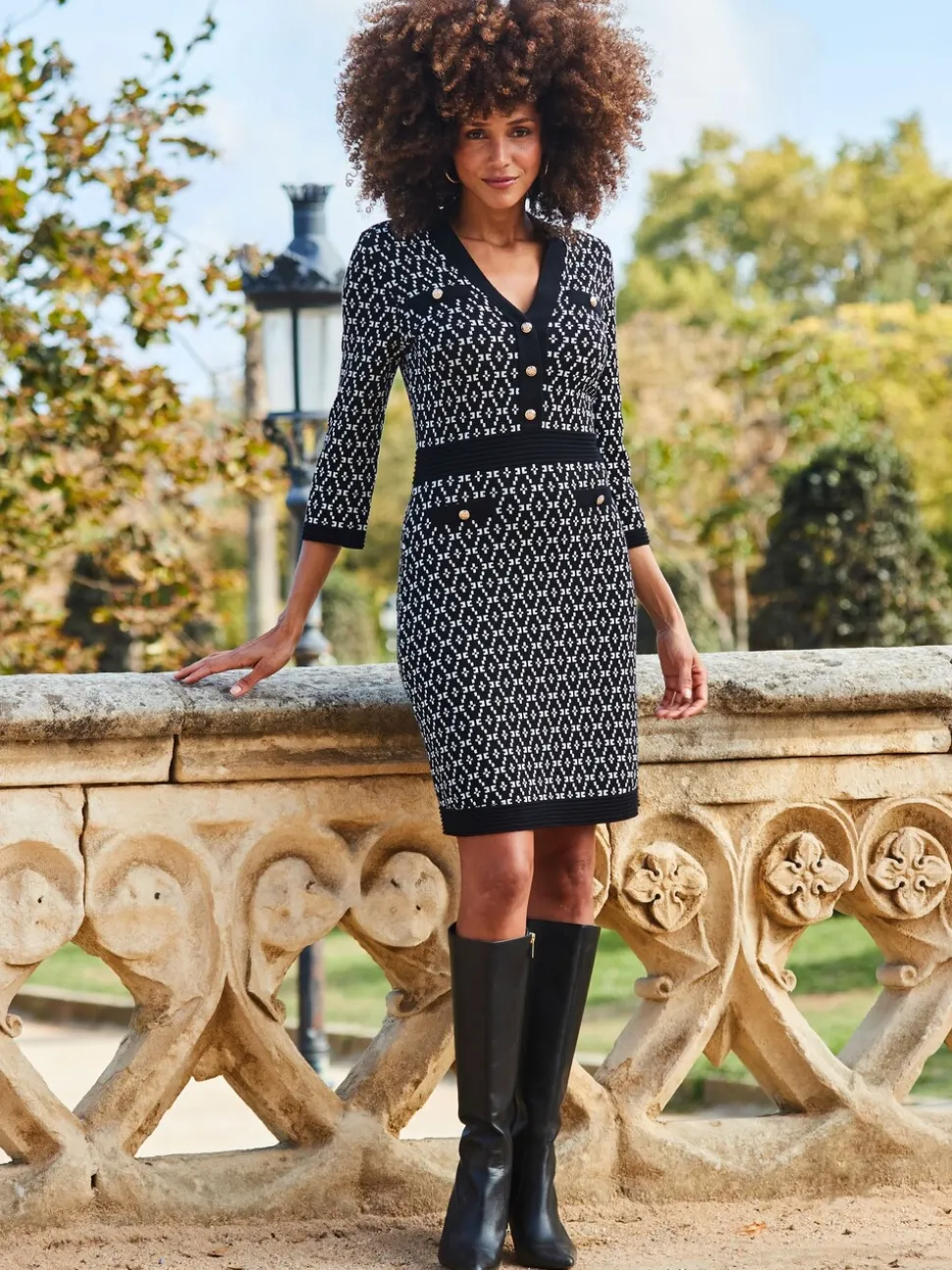 Robe Sosandar en maille jacquard à imprimé géométrique avec poche boutonnée