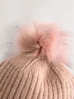 Rose - Bonnet à pompon en maille côtelée