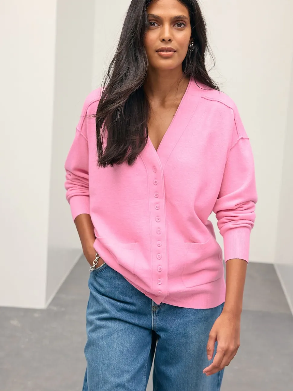 Rose - Cardigan ultra-doux à col en V avec poches