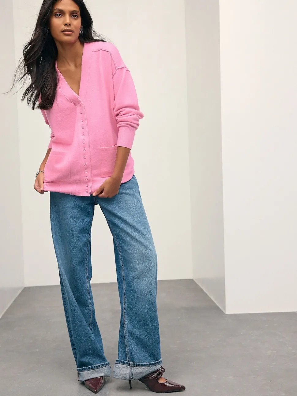 Rose - Cardigan ultra-doux à col en V avec poches