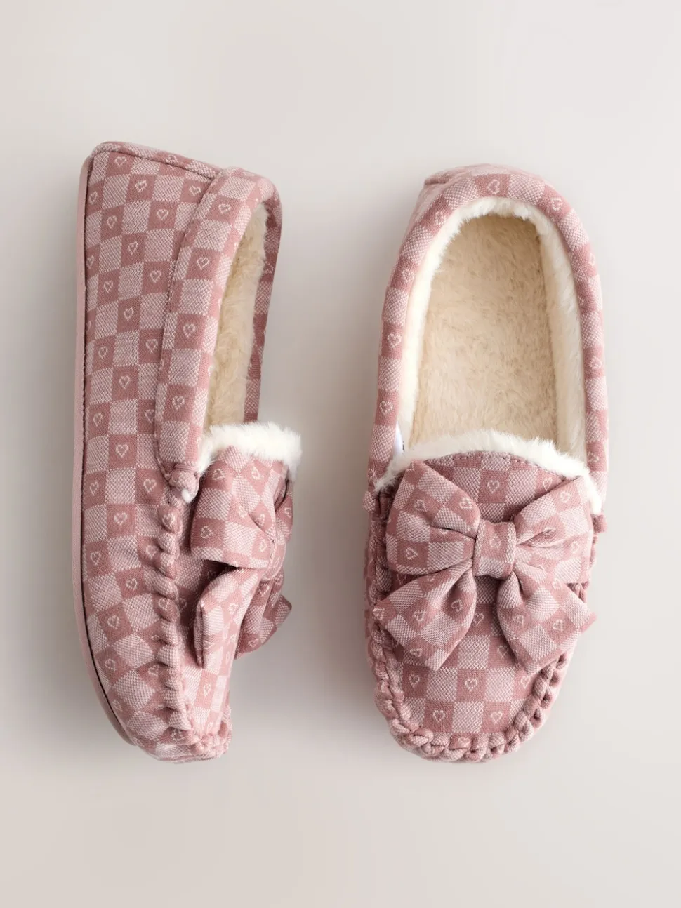 Rose - Chaussons mocassins à carreaux cœur
