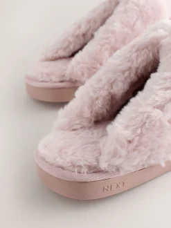 Rose - Chaussons mules en daim doublés de fausse fourrure cœur