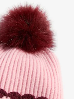 Rose - Ensemble bonnet et Gants Love & Roses à pompon côtelé bordé de pétoncles