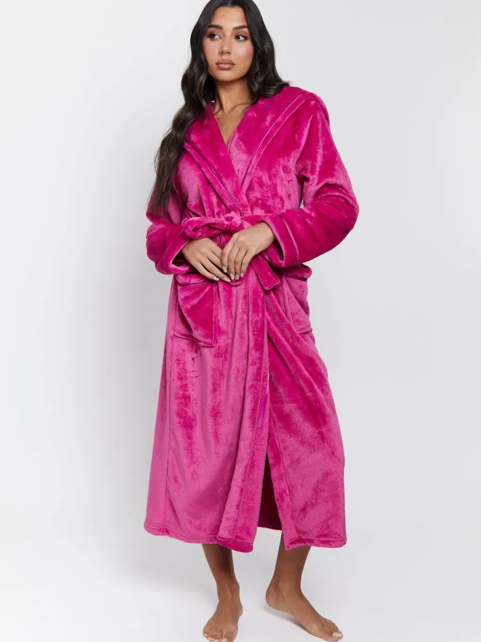 Rose - Peignoir Loungeable longue luxueuse à capuche en polaire avec ruban de Noël