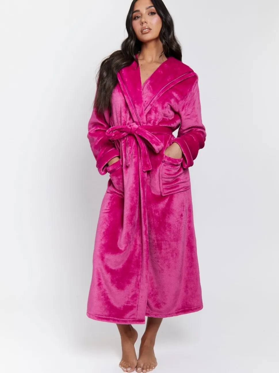 Rose - Peignoir Loungeable longue luxueuse à capuche en polaire avec ruban de Noël