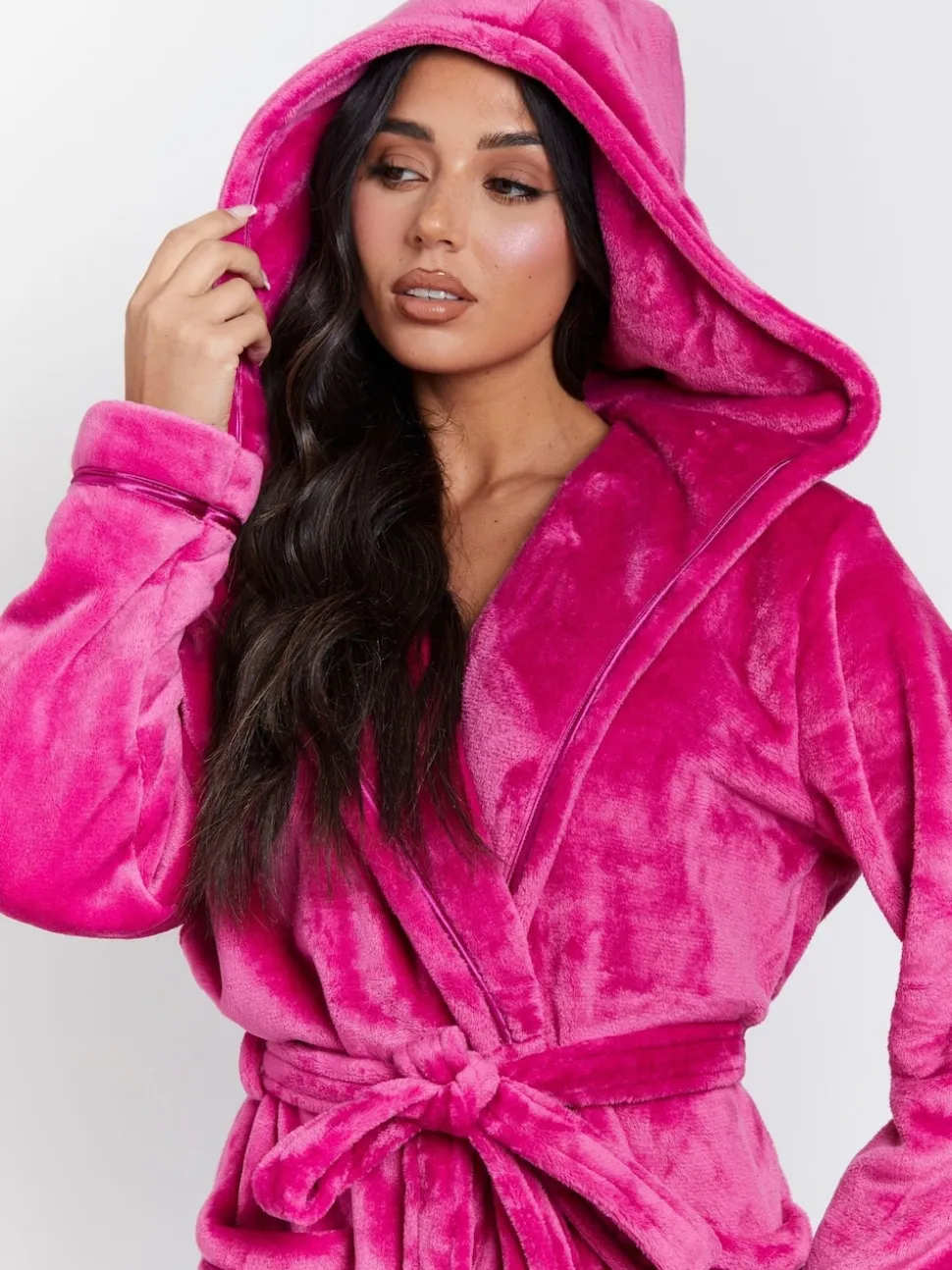 Rose - Peignoir Loungeable longue luxueuse à capuche en polaire avec ruban de Noël