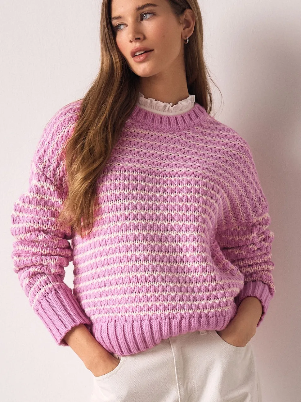 Rose - Pull à col à tarte en maille surpiquée