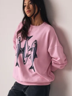 Rose - Sweat-shirt graphique avec perles et poisson