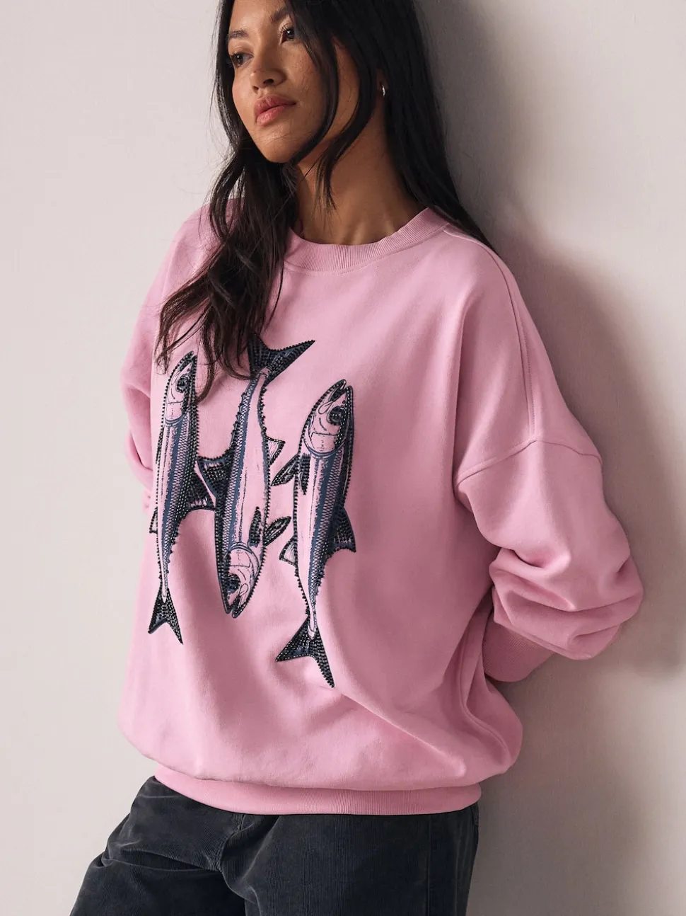 Rose - Sweat-shirt graphique avec perles et poisson