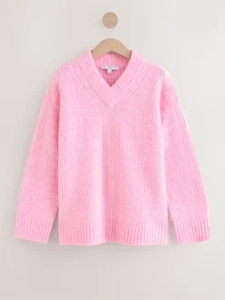 Rose clair - Pull long côtelé à col en V en laine