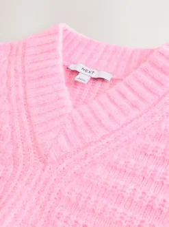 Rose clair - Pull long côtelé à col en V en laine