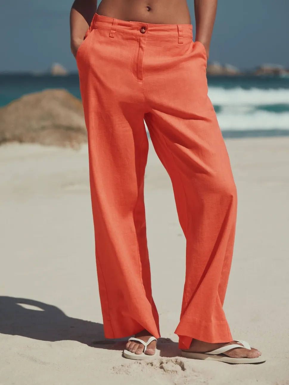 Rose corail - Pantalons intelligents à jambe large en lin Blend