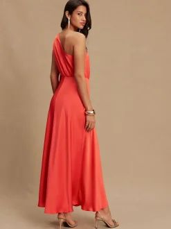 Rose corail - Robe Mi-long en satin texturé à col Écharpes