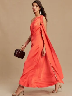 Rose corail - Robe Mi-long en satin texturé à col Écharpes
