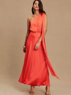 Rose corail - Robe Mi-long en satin texturé à col Écharpes