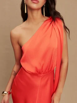 Rose corail - Robe Mi-long en satin texturé à col Écharpes