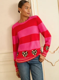 Rose et rouge rayé - Pull Love & Roses Animal cœur