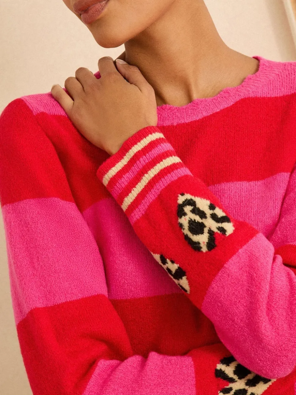 Rose et rouge rayé - Pull Love & Roses Animal cœur