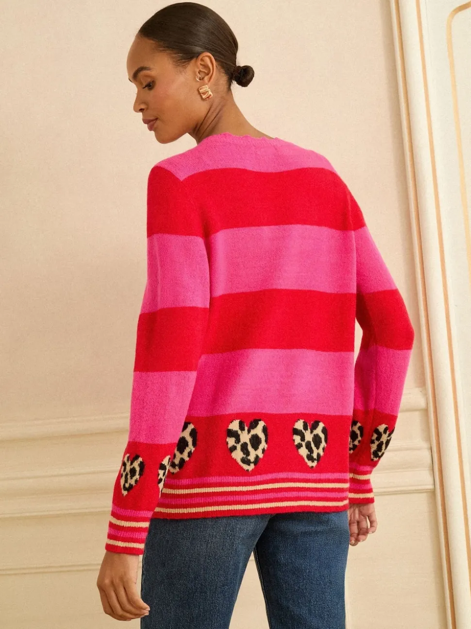 Rose et rouge rayé - Pull Love & Roses Animal cœur