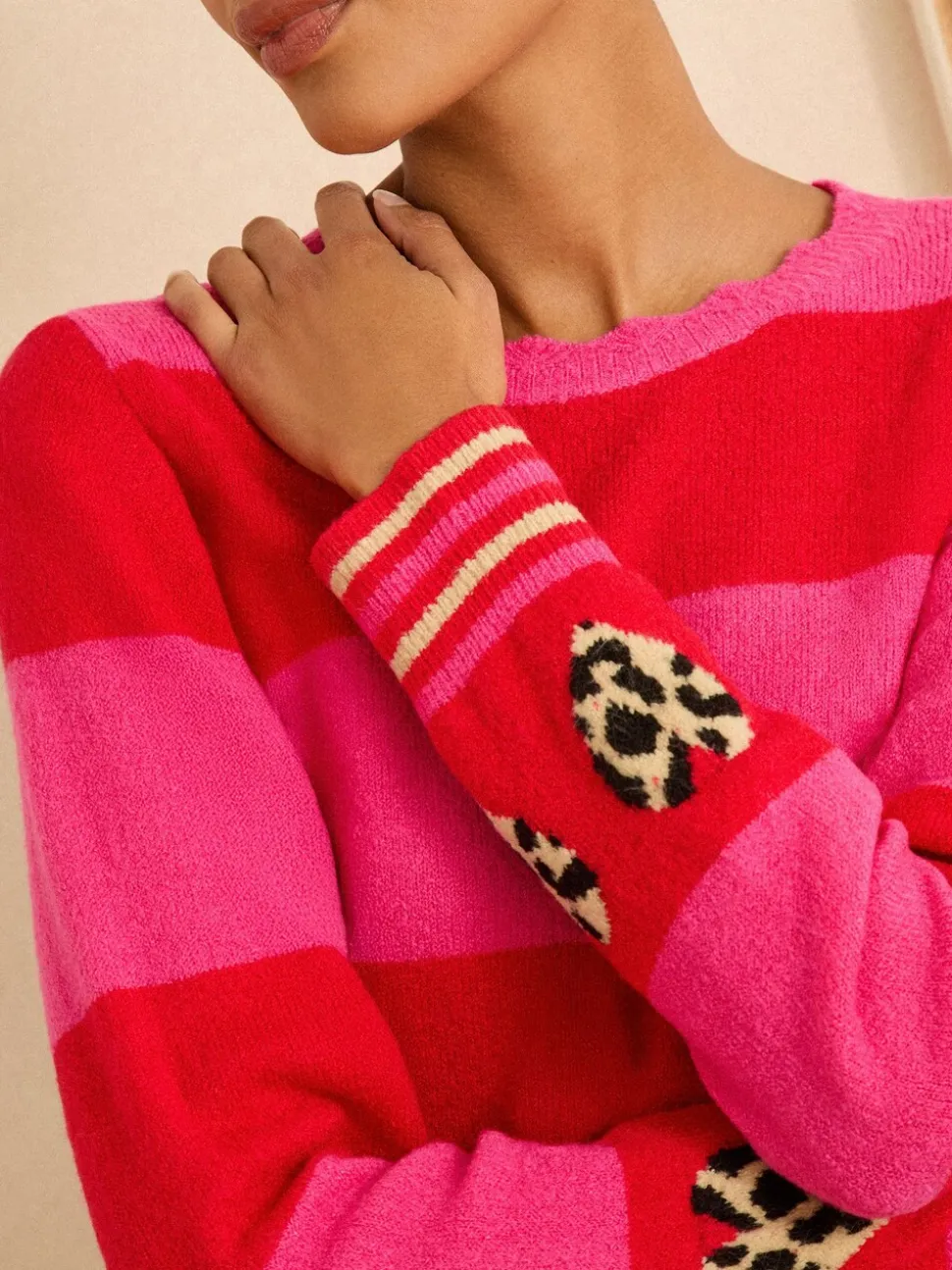 Rose et rouge rayé - Pull Love & Roses Animal cœur