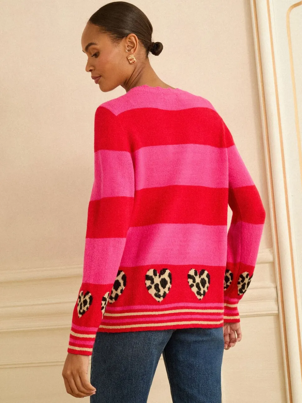 Rose et rouge rayé - Pull Love & Roses Animal cœur