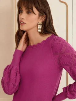 Rose magenta - Pull Love & Roses Bobble Stitch en maille festonnée
