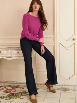 Rose magenta - Pull Love & Roses Bobble Stitch en maille festonnée