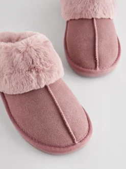 Rose mink - Chaussons mules en daim doublés de fausse fourrure